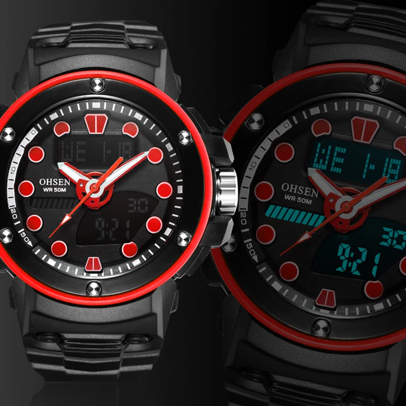 

Digital Sports LED Men Watch 2020 OHSEN Dual Alarm Waterproof 50m Analog Military Watches Rubber Quartz Clock Hombre Relogio Top