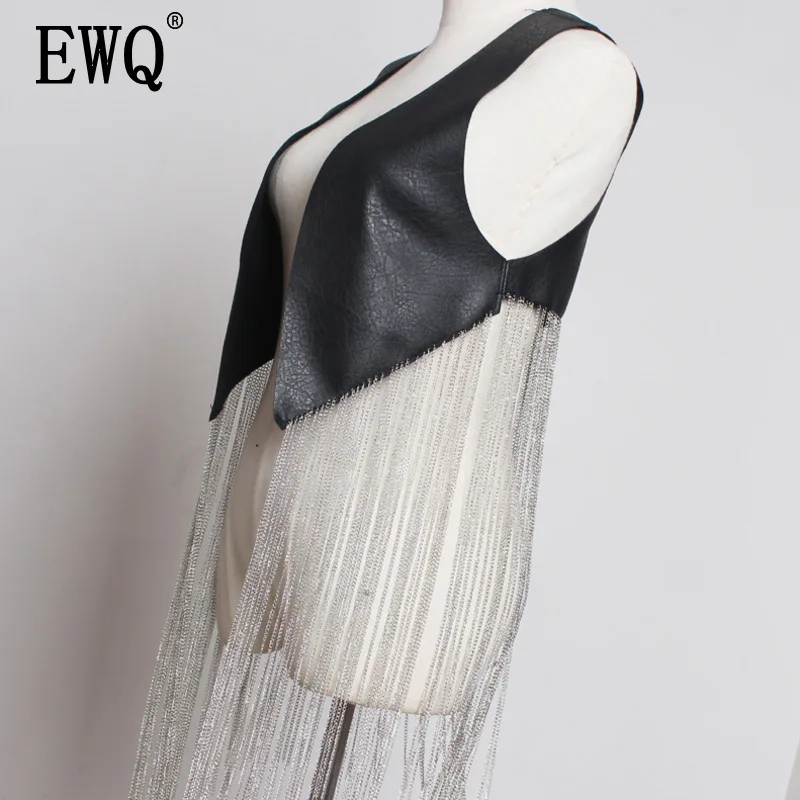 

[EWQ] 2019 Spring Autumn New Pattern Punk Mixed Hip Hop Style Splice Silver Long Tassel Solid Open Stitch Black Short Coat AF31601
