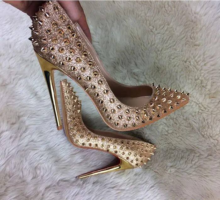 Luxury Shoes Fashion Red Bottom High Heel Rivets Leather Women Shallow Mouth Pumps Size 34-40 Shoes and Bags To Match