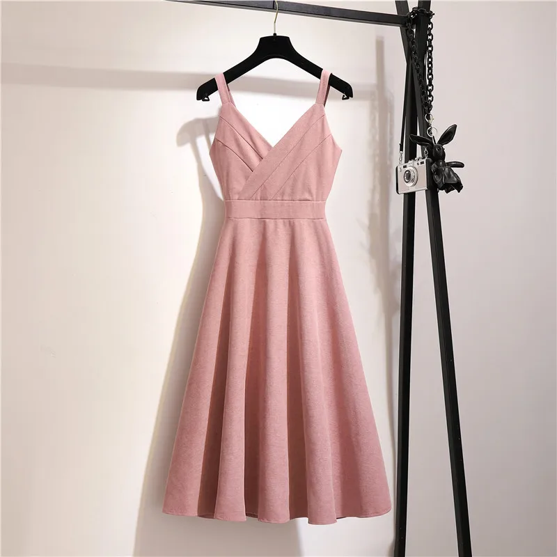 

2019 summer new women dresses pink v-neck A-line sexy solid dresses lady elegant party dress top quality