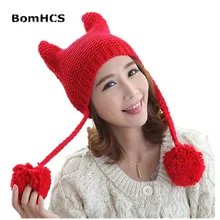 BomHCS милый кавайный Кот уши шапка женская зимняя теплая вязаная шапка ручной работы