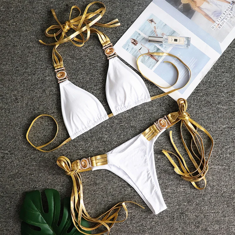 Billig Neue Sexy Diamant Quaste Bikini 2019 Frauen Goldene Bandeau Badeanzug Weibliche Halter Bademode Zwei stück Bikini set Badeanzug schwimmen