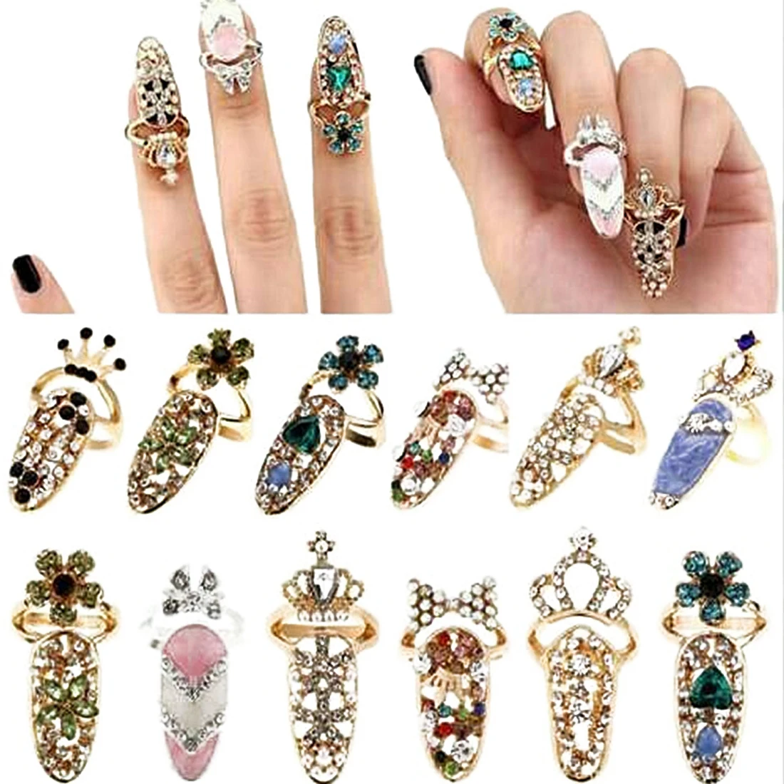 

1PC Stylish Exquisite Ring Jewelry Exquisite Diamond Nail Cover Tail Ring Joint Ring Crown Armor Accessories Crystal Fake Nail