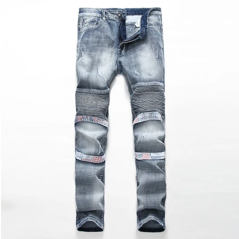 Men Jeans Pants Solid Pleated Slim Motorcycle biker Pants rtls Length Trousers Spring Splicing Denim Straight pantalon homme