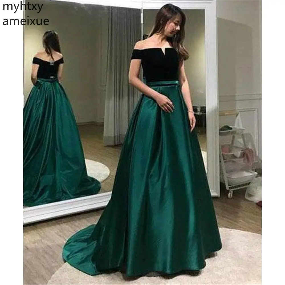 

2019 New Cheap Green And Black Evening Dresses A-line Off Shoulder Prom Gowns Floor Length Sweep Train Plus Size Robe De Soiree