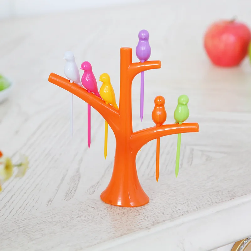 Tableware Dinnerware Sets Creative Tree+Birds Design Plastic Fruit Forks 1 base +6 Forks 2016 Hot Sale Vegetable Fork