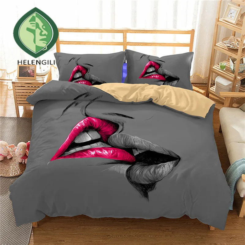 Helengili 3d Bedding Set Lips Print Duvet Cover Set Lifelike