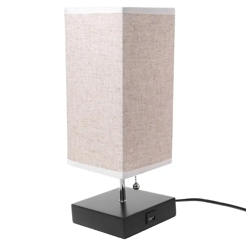 

Wood Base Fabric Shade Bedside Table Lamp With USB Port & Pull Switch Modern Design