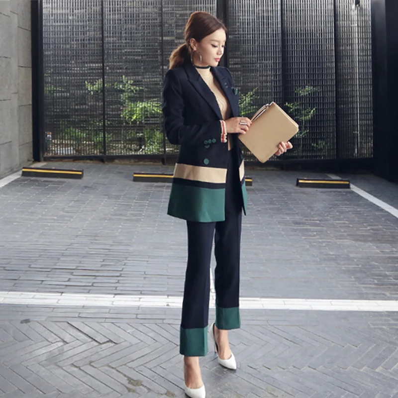 2017 Autumn 2 Piece Set Women England Style Contrast Color Two Piece Set Clothing Office Lapel Coat And Trousers Women's Sets