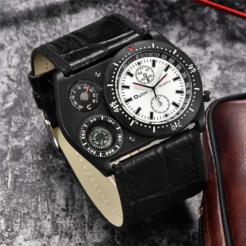 Oulm Men's Wrist Watches Unique Design Wide Leather Strap Male Quartz Clock Compass Decoration Man Watch New reloj hombre