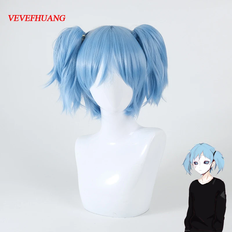 

VEVEFHUANG Sally Face Sallyface Sally Cosplay Wig Short Blue Heat Resistant Synthetic Hair Clip Ponytails Wigs With Wig Cap