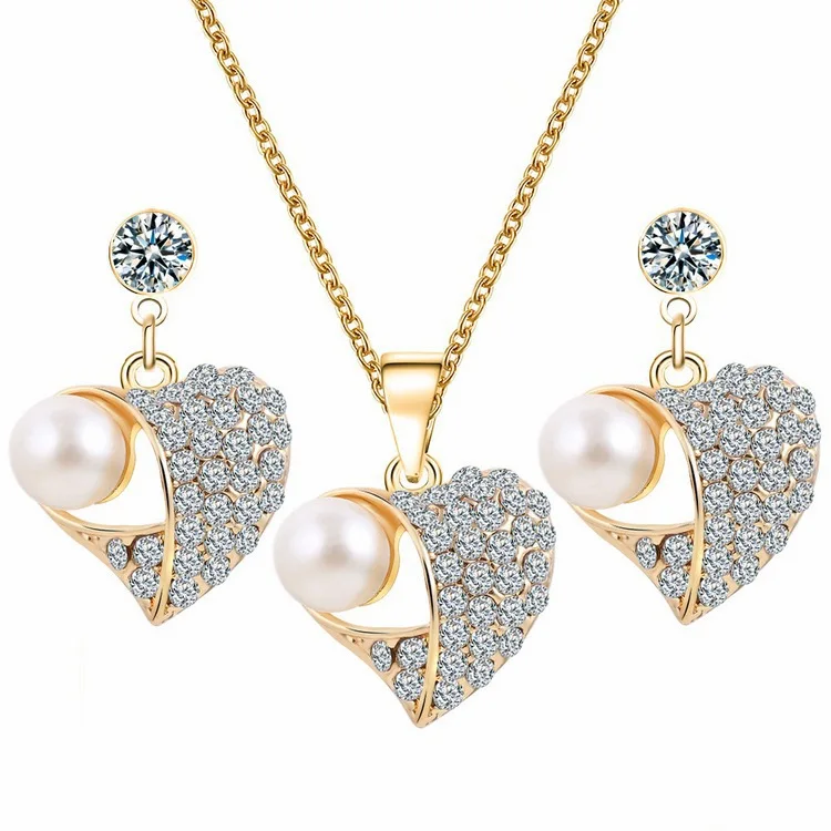 

Romantic Pearl Heart Pattern Rhinestone Earrings Necklace Set Silver Color Chain Jewelry Sets Wedding Jewelry Valentine's Gift