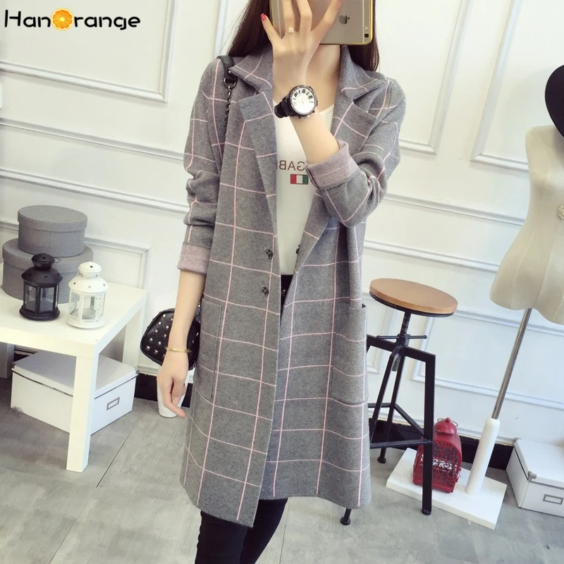 

HanOrange Wide-waisted Cover Button Soft Windbreaker Female Loose Woman Long Plaid Trench Coat Cardigans Red/Gray/Black/Blue