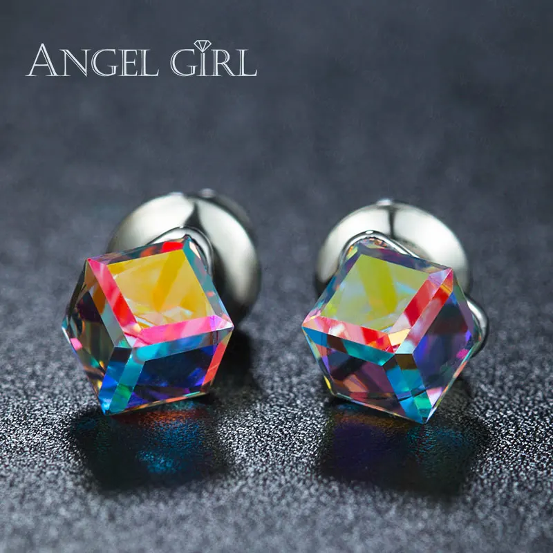 Cube Crystal Earrings Female Fashion Stud Earrings Silver Color Trendy