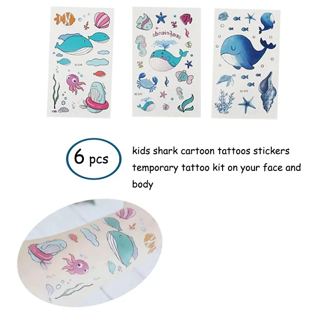 Акула, вечерние принадлежности, упаковка, тату-стикер в форме ожерелья, Акула, Подарочная сумка, браслет для детей под морем, Goody Bags - Цвет: 6pcs tattoo stickers