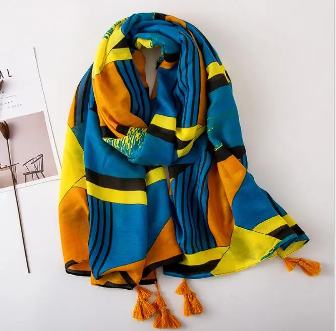 

Summer Travel Scarf Ethnic Style Wild Blue Orange Yellow Contrast Color Geometric Print Scarf Shawl