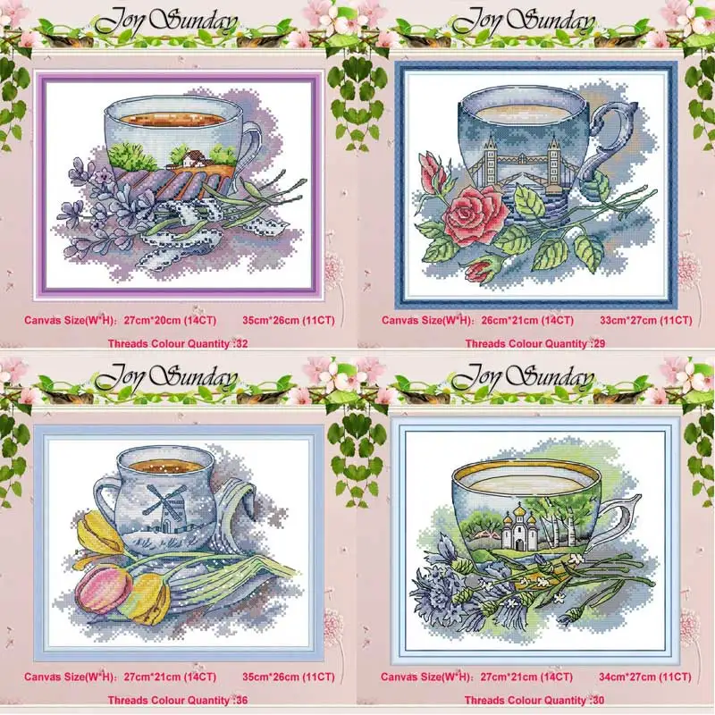 

Scenery flower teacup counted 11CT 14CT Cross Stitch Set DIY DMC Chinese Cross-stitch Kit Embroidery Needlework Home Decor