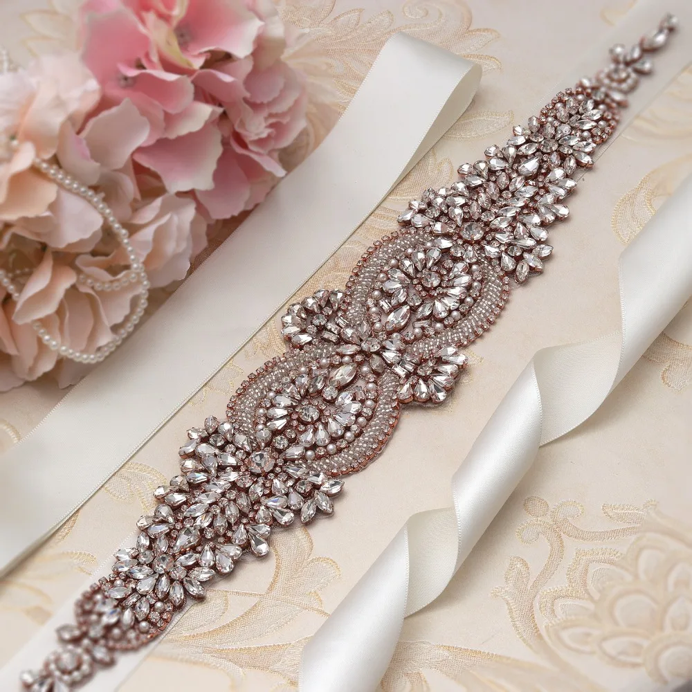 yanstar Rose Gold Rhinestones Bridal Belt Diamond Beads Wedding Big Size Crystal Sash For Long Dresses XY877 | Свадьбы и торжества