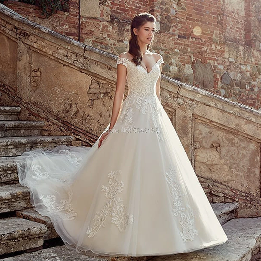 

V Neck Lace Appliques Wedding Dresses 2019 Off The Shoulder Cap Sleeve Formal Wedding Dress for Brides Vestido De Noiva