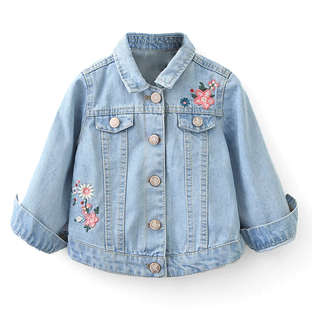 New Girls Denim Jackets Coats Light Blue Embroidery Children Outwear