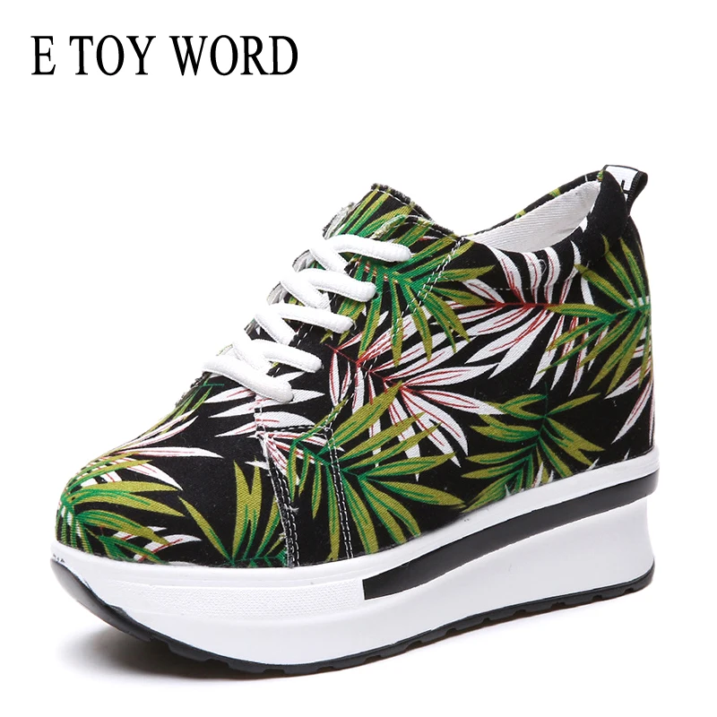 

E TOY WORD Women Sneakers Platform Fashion Print Canvas Woman Casual Shoes Height Increasing Breathable Lace-Up Wedge Sneakers