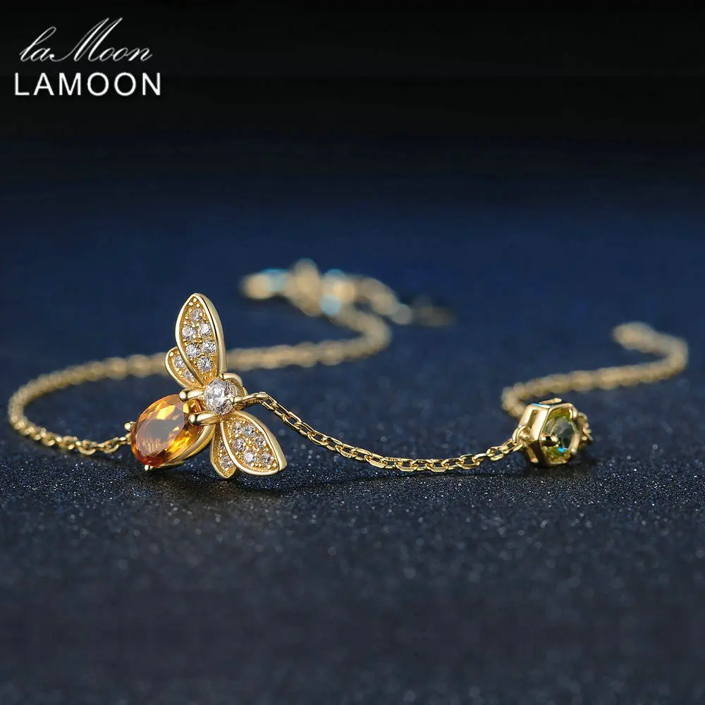 LAMOON Lovely Bee Brecelets for Women 100% Natural Citrine 925 Sterling Silver Fine Jewelry Charm Bangles Hand Accessory LMHI002
