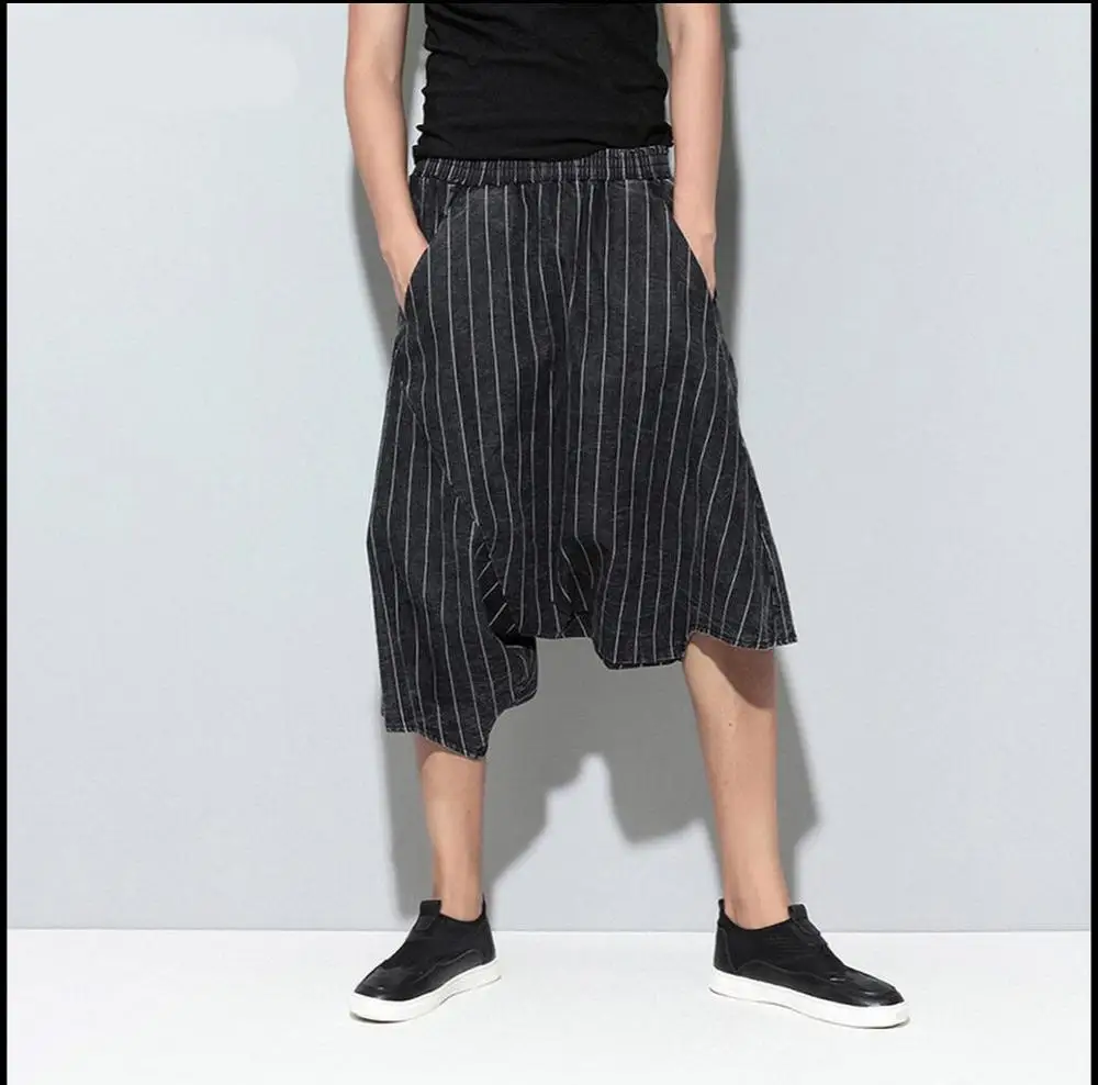 Корейские новые полосатые брюки-кюлоты, повседневные брюки, мужские брюки, длина до икры, Висячие штаны-шаровары, брюки для певиц - Цвет: Черный