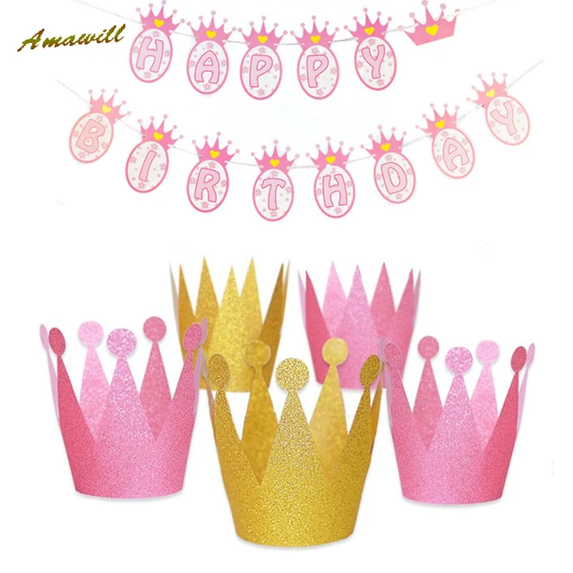 Amawill Pink Happy Birthday Banner Prince Princess Crown Hat Baby