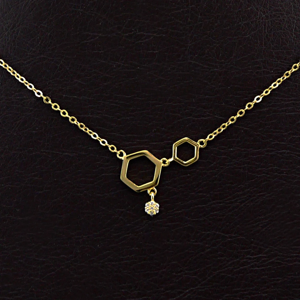 925 Sterling Silver Golden Hollow Hexagon CZ Charm Necklace Jewelry