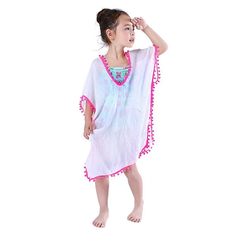 Sfit, летняя мода для девочек, купальный костюм, накидка, Пляжное Платье Топ с помпон-кисточка, детский пляжный Повседневный купальник, пляжная одежда - Цвет: white(Baby)