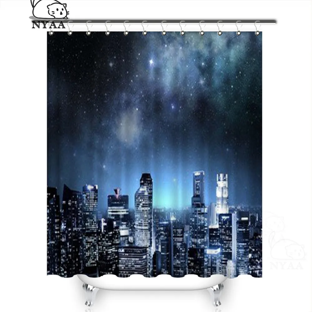 

NYAA City Skyline At Night Under The Starry Sky Shower Curtains Polyester Fabric Curtains For Home Decor