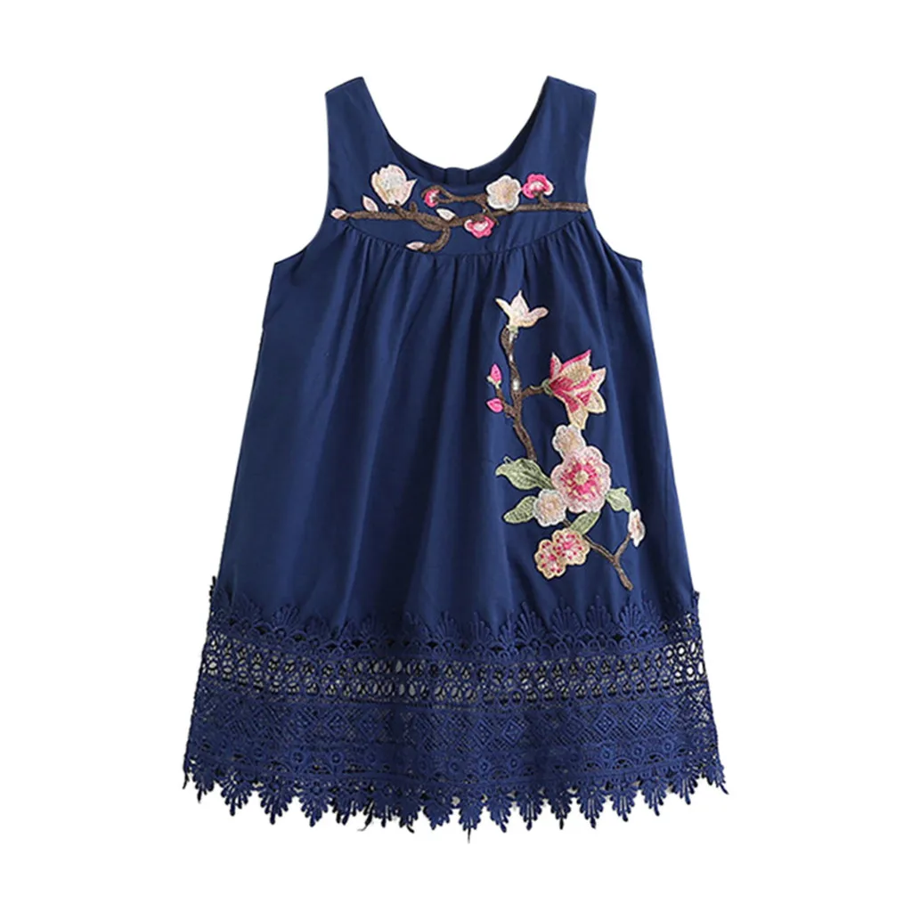 Темно-синее кружевное Сетчатое платье без рукавов с цветочной вышивкой для маленьких девочек; праздничное платье принцессы; платье-майка; meisje kleding - Цвет: Navy