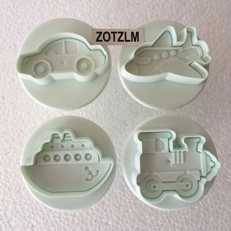 

4 pcs/Lot Transportations Plastic Cookie Cutters Cake Fondant Molds Biscuit Sandwich Moulds Plane Car Train Ship Shapes SLP001