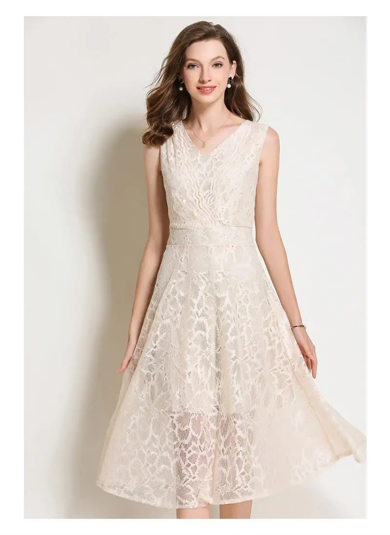 2018 Summer Lace Dress Work Casual Slim Work Women Party Dresses V-neck Sexy Hollow Out A-line Vintage Vestidos