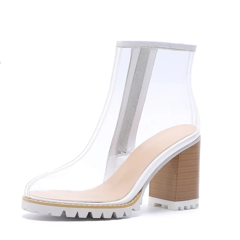 Kcenid/Большие размеры 33-41; модная прозрачная обувь ПВХ; женские ботинки на платформе на молнии; высокие каблуки для суперзвезды ботильоны для вечеринки - Цвет: Бежевый