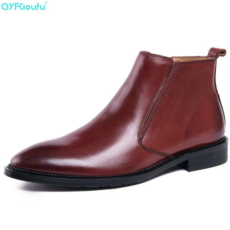 

New Mens Genuine Leather Ankle Boots Men Chelsea Pointed Toe Work Boots Man Fashion Designer Zipper Dress Boots Shoes