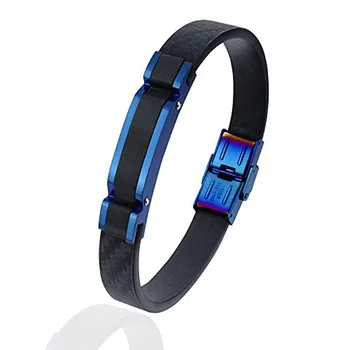 

HAWSON Leather Bracelet IP Blue Polished Matched Brushed Black Stainless Steel Chain Best Gift for Male and Female