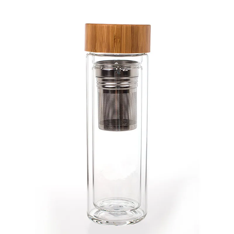 

450ml luxury crystal double wall glass water bottles, Glass bottle with Tea Infuser with bamboo lid