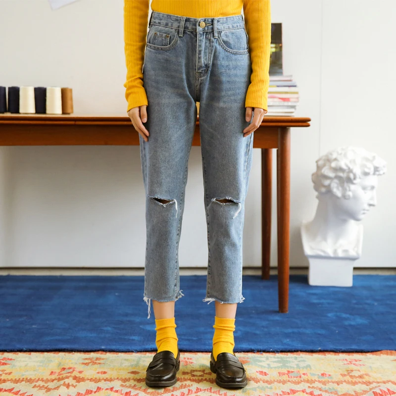 Vintage High Waist Denim Blue Hole Ripped Jeans Women