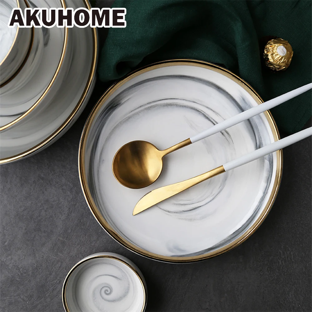 

2PCS OR 4PCS Golden European Ceramic Bowl Soup Bowl 7 8 9 Inch Home Plate Akuhome