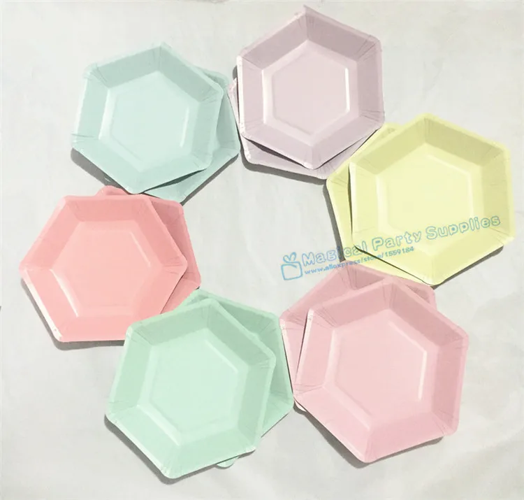 100pcs Solid Hexagonal Paper Plates Party Tableware Modern Geometrical