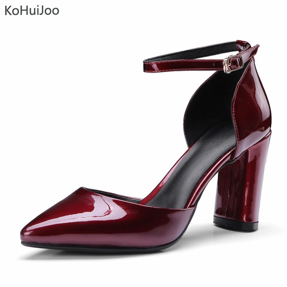 

KoHuiJoo Patent Leather Pumps Women New Fashion Ankle Strap Genuine Leather Dress High Heels Ladies Elegant Shoes Plus Size