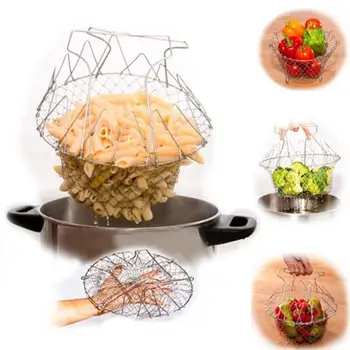 

Foldable Steam Rinse Strainer Stainless Steel Colander Magic Mesh Basket Drainer Frying French Fryer Tool Kitchen Cooking Basket