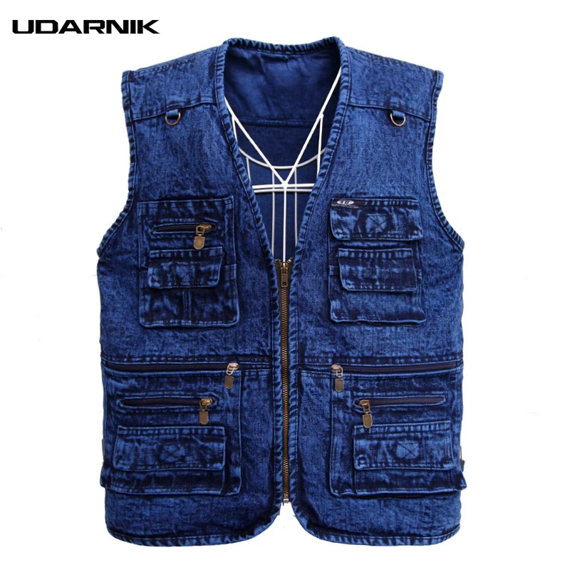 

Men Multipockets Denim Waistcoat Safari Style Jeans Vest Plus Size XL-4XL Size Blue Jeans Gilet V-Neck Sleeveless Tops 226-115