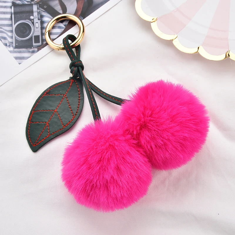 

Fashion Rabbit Fur Cherry Pompom Ball Fluffy Fur Ball Key Chain for Women For Car or Bag Key Ring Keychain Jewelry 038WA