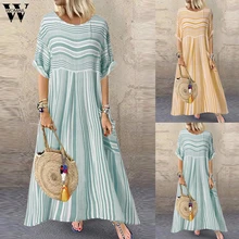 Womail, летние платья для женщин размера плюс, модное Повседневное платье в полоску с коротким рукавом и круглым вырезом, женское платье с карманами из полиэстера, свободное платье Ju13