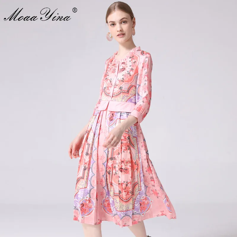 

MoaaYina Fashion Designer Runway dress Spring Summer Women Dress Floral-Print Ruffled Vintage Pleated Dresses