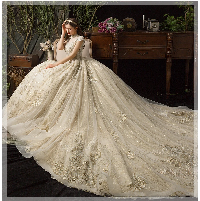 Высокий воротник арабских Роскошный Королевский золотой свадебное платье es 2019 невесты кружевное свадебное платье с аппликацией суд Поезд