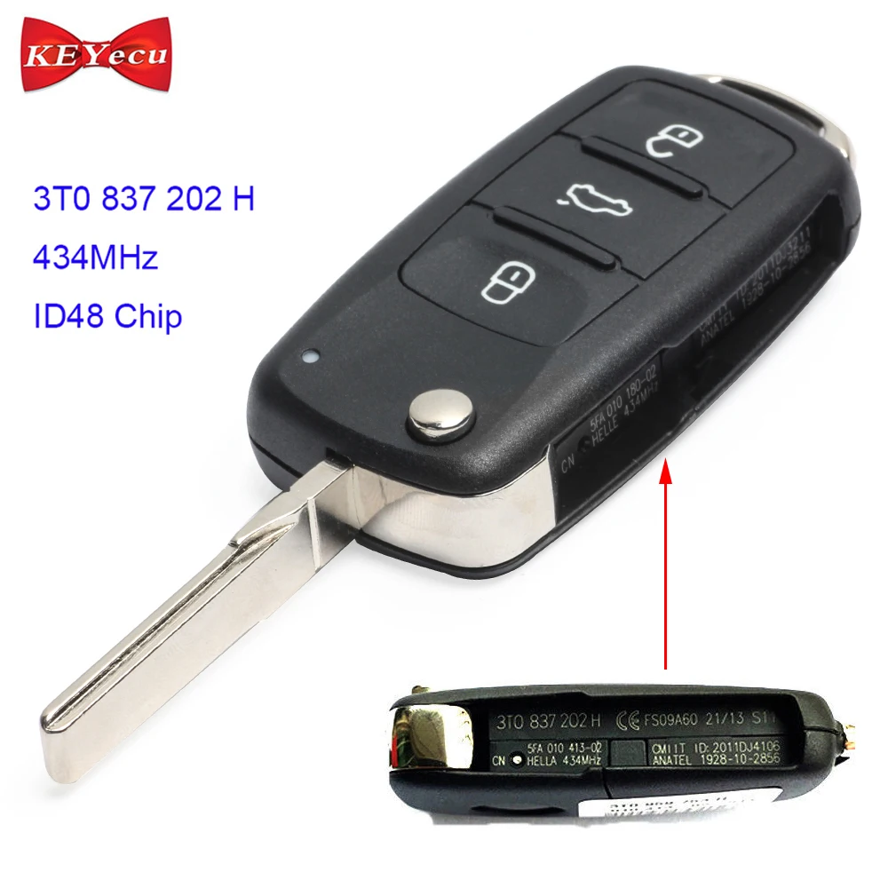 KEYECU for Skod*a Citigo Fabia Octavia Rapid Roomster Yeti Superb Replacement Remote Control Car Key Fob 434MHz 3T0 837 202 H