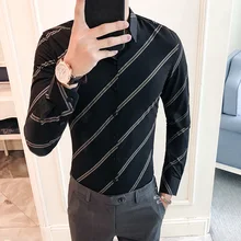 Роскошная мужская диагональная полосатая рубашка, высокое качество, нарядные рубашки, повседневная мужская рубашка с длинным рукавом и отложным воротником, деловая мужская рубашка